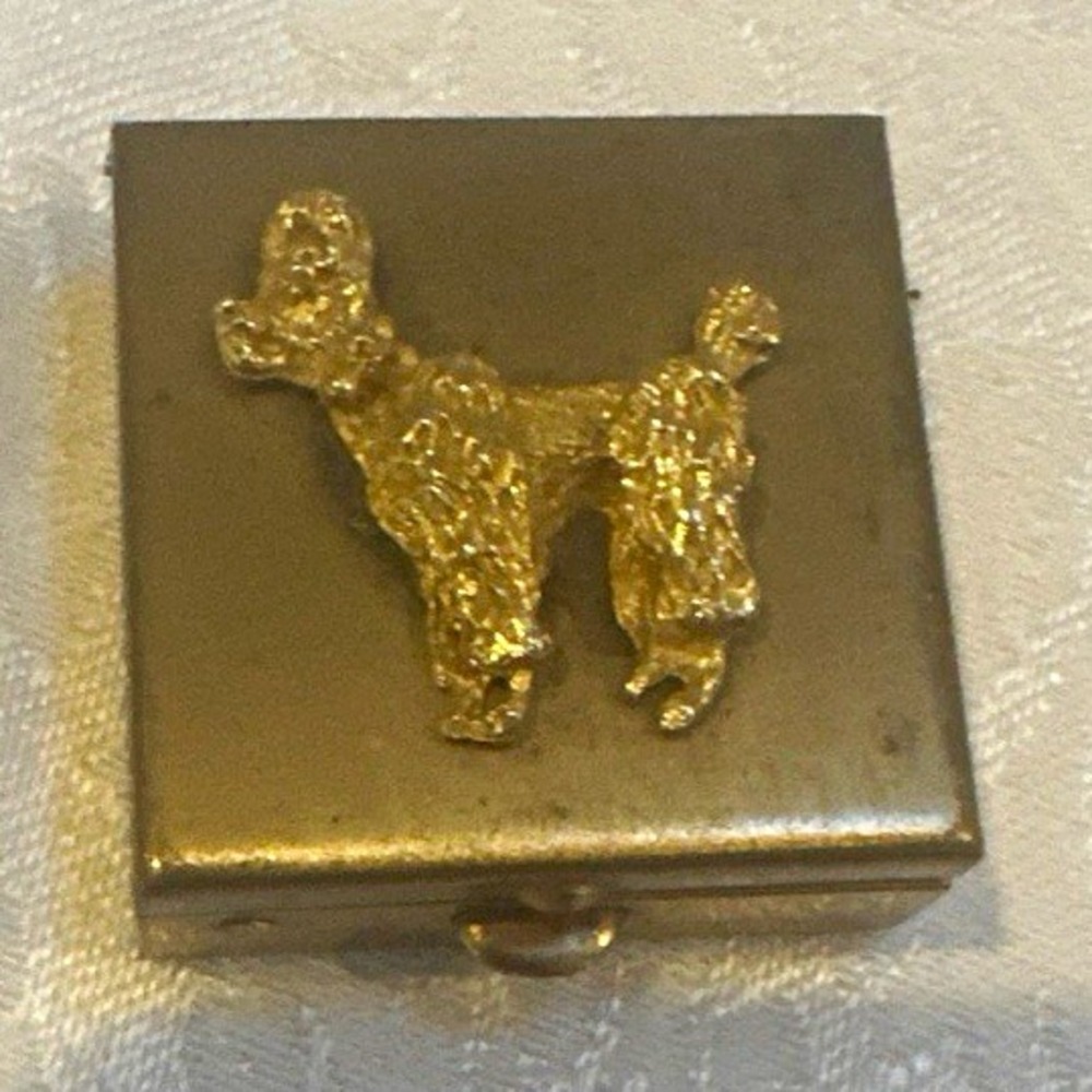 Vintage Poodle Square Pill Box, Metal hinged Raised Dog Design Poodle gold tone